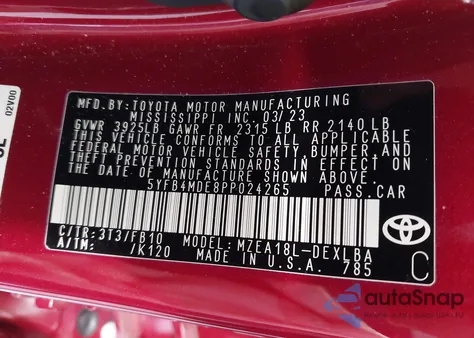 2023 Toyota Corolla Le from USA, damaged, VIN 5YFB4MDE8PP024265